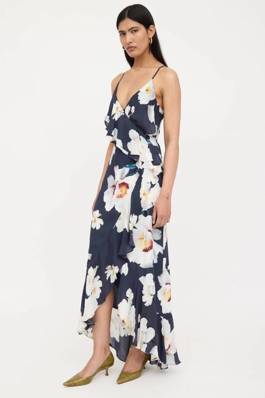 Intermix Barletta Print High Low Wrap Maxi Dress, 100% Silk, Navy Floral, M